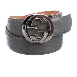 AUTHENTIC Gucci Gray Embossed Leather Belt with silver Logo Buckle